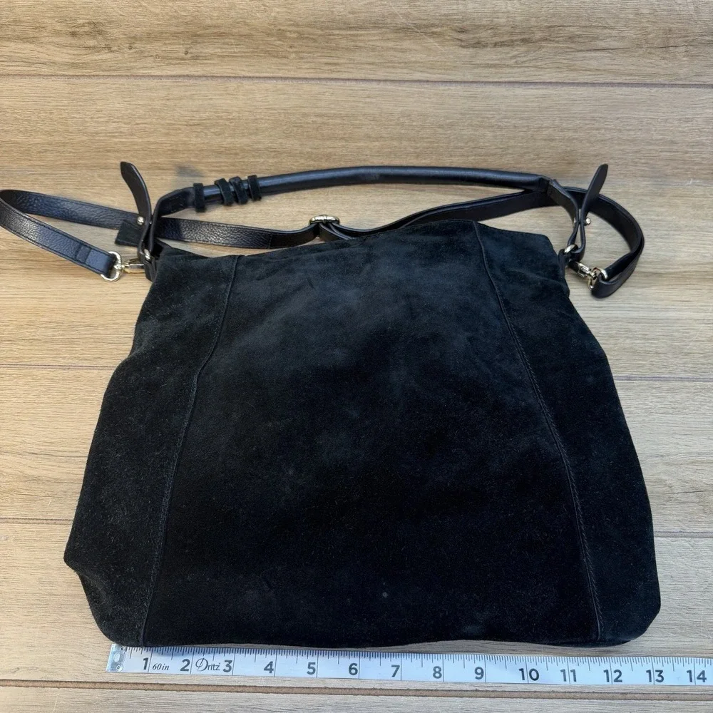 H&M Black Suede Slouchy Hobo Drawstring Shoulder Crossbody Bag Leather Boho